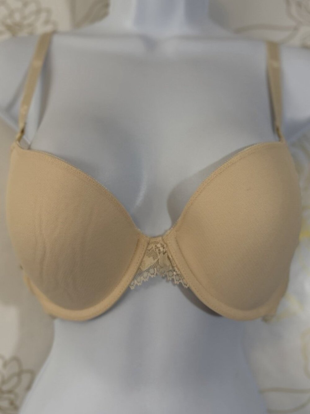 Lauren Ralph Lauren Bra Demi T-shirt Lace Full Coverage Bra Beige Lined 38 B NEW